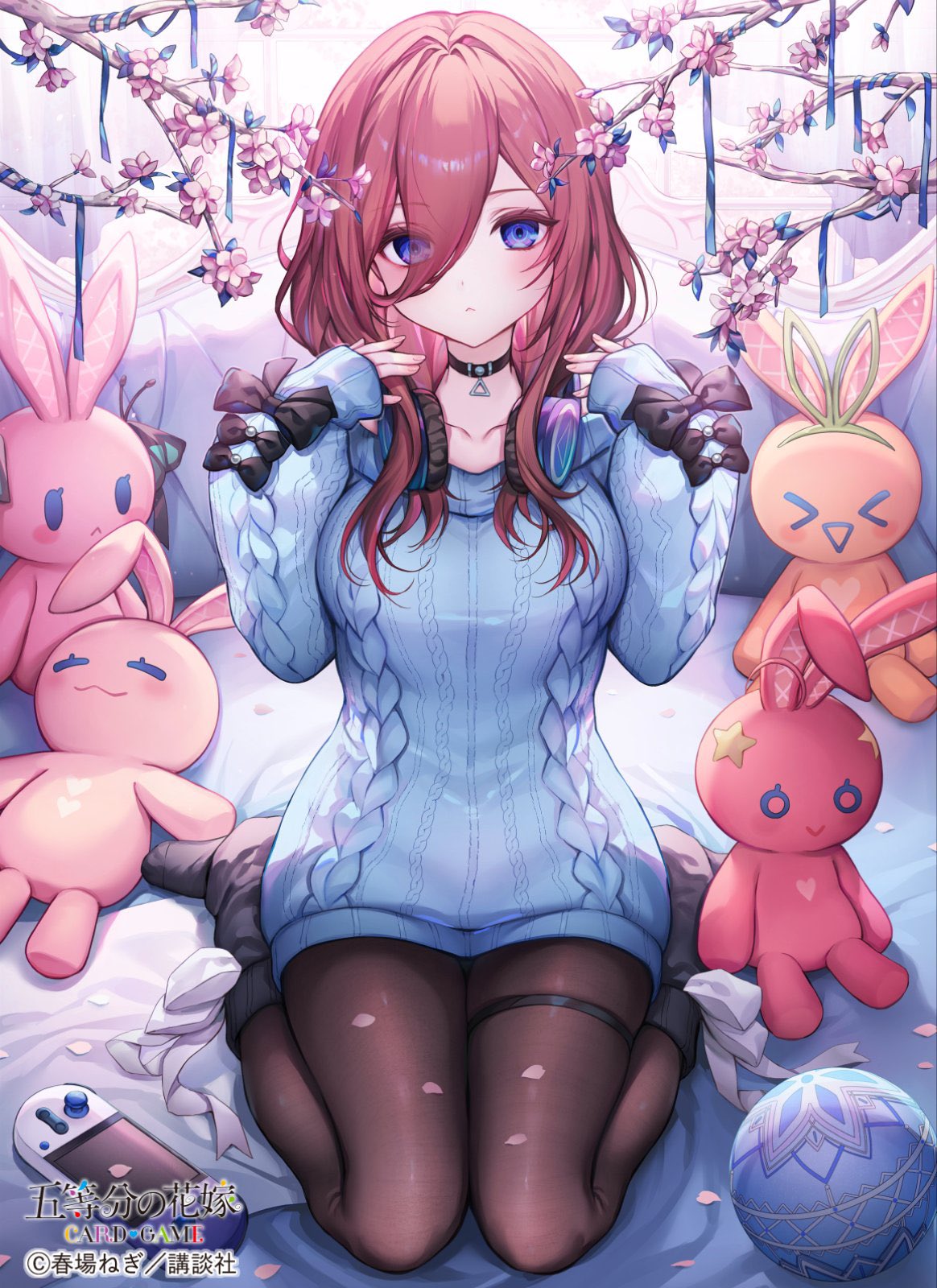komeshiro kasu, nakano nino, go-toubun no hanayome, commentary request, highres, 1girl, black socks, blue eyes, blue sweater, brown hair, brown pantyhose, closed mouth, hands up, indoors, kneeling, long hair, long sleeves, looking at viewer, pantyhose, socks, socks over pantyhose, solo, stuffed toy, sweater, thigh strap