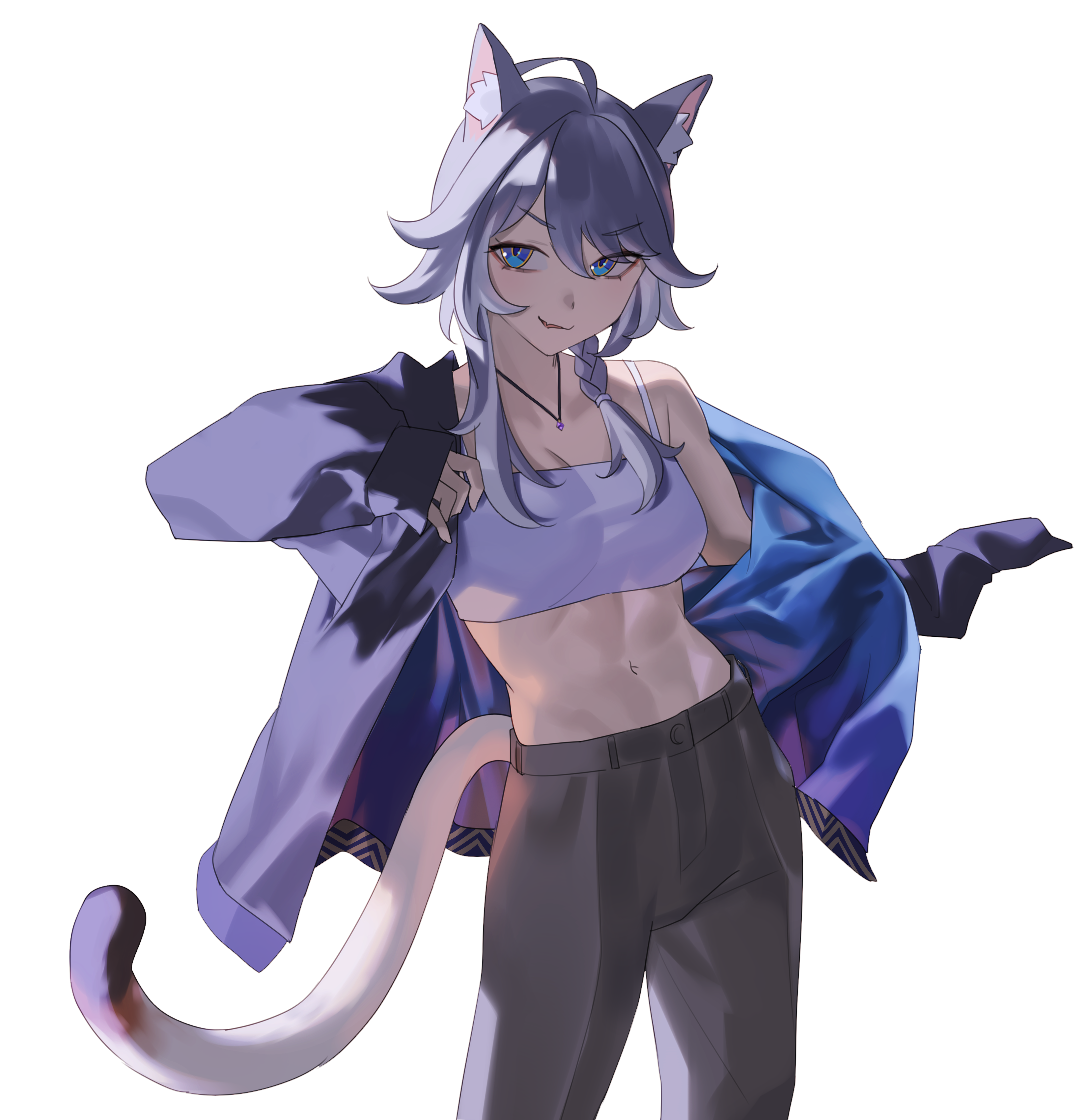 aragiken, cipher (honkai: star rail), honkai: star rail, honkai (series), absurdres, commentary, highres, 1girl, ahoge, animal ear fluff, animal ears, blue eyes, breasts, camisole, cat ears, cat tail, cleavage, cowboy shot, grey hair, grey jacket, grey pants, jacket, jewelry, long hair, long sleeves, looking at viewer, midriff, navel, necklace, pants, simple background, single bare shoulder, single off shoulder, small breasts, smile, solo, spaghetti strap, standing, stomach, tail, white background