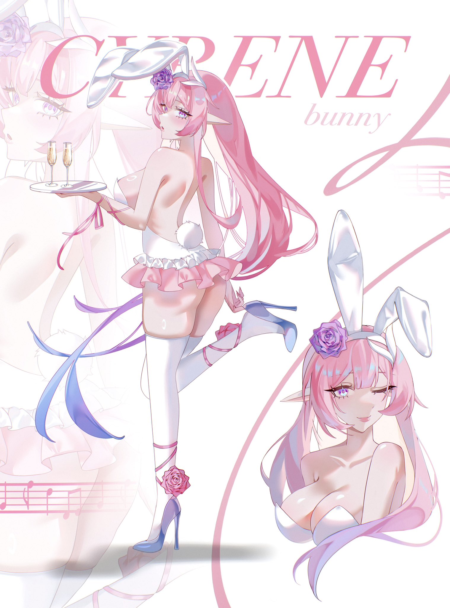 arinyawa, cyrene (honkai: star rail), honkai: star rail, honkai (series), commentary, highres, 1girl, ;o, alternate costume, animal ears, aqua hair, ass, breasts, champagne flute, character name, cleavage, cup, cyrene (demiurge) (honkai: star rail), diamond-shaped pupils, diamond (shape), drinking glass, fake animal ears, fake tail, flower, hair flower, hair ornament, high heels, holding, holding plate, large breasts, leotard, long hair, multicolored hair, multiple views, one eye closed, pink hair, plate, playboy bunny, pointy ears, purple eyes, rabbit ears, rabbit tail, symbol-shaped pupils, tail, thighhighs, thighs, two-tone hair, very long hair, white leotard, white thighhighs, zettai ryouiki