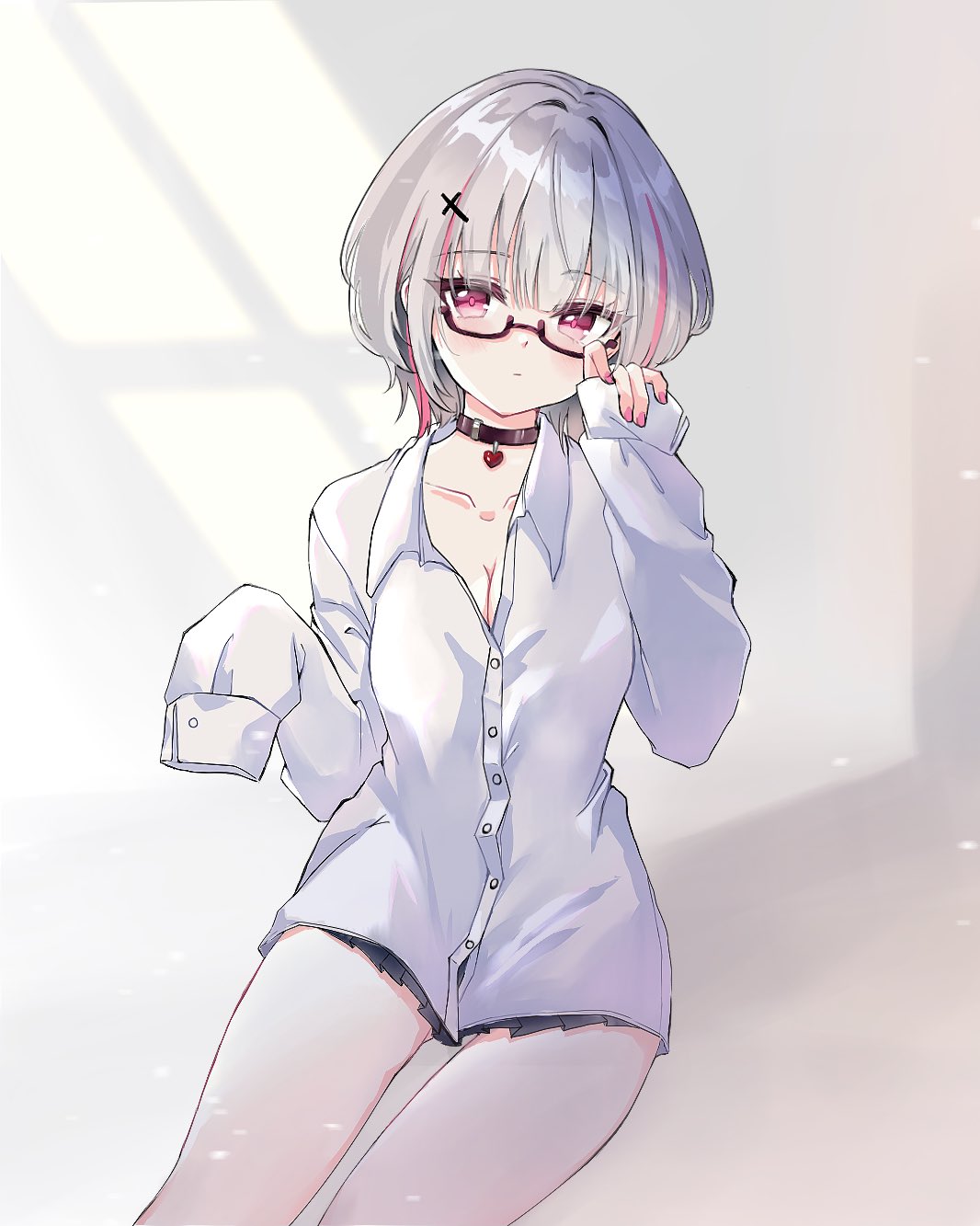 dear arisu, asumi sena, vspo!, commentary, highres, symbol-only commentary, 1girl, black choker, blush, breasts, choker, cleavage, closed mouth, collarbone, cowboy shot, cross hair ornament, glasses, grey background, grey hair, hair ornament, hand up, heart, heart choker, long sleeves, looking at viewer, medium breasts, multicolored hair, pink eyes, pink streaks, semi-rimless eyewear, shirt, short hair, sleeves past fingers, sleeves past wrists, solo, streaked hair, under-rim eyewear, virtual youtuber, white shirt, wispy bangs