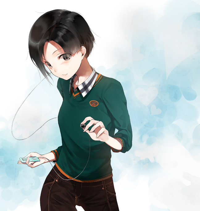 sasamori tomoe, kobayakawa rinko, love plus, bad id, bad pixiv id, 1girl, asymmetrical hair, black hair, blush, bob cut, casual, earphones, female focus, mp3 player, reverse trap, short hair, solo