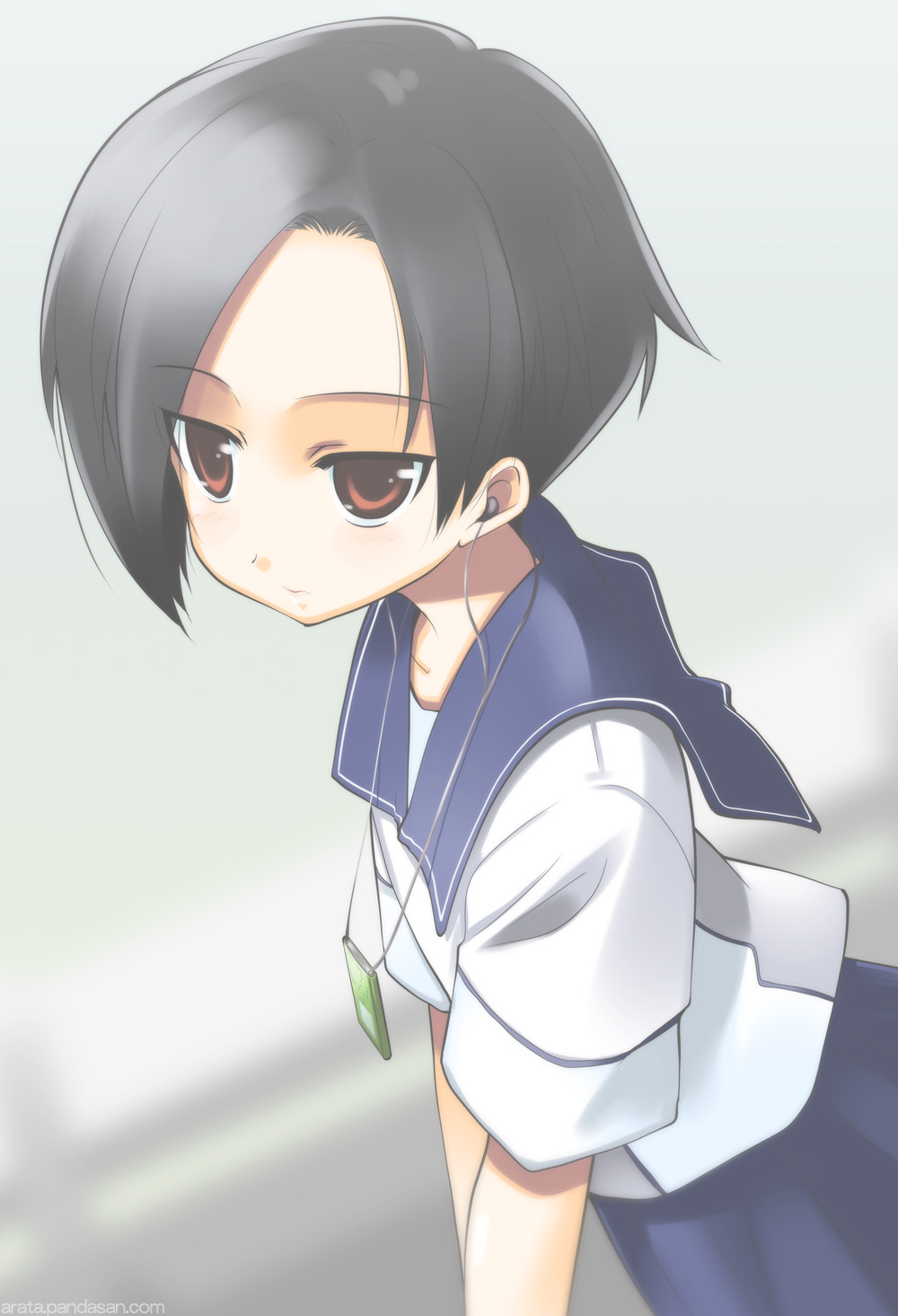 arata toshihira, kobayakawa rinko, love plus, highres, 1girl, black hair, bob cut, brown eyes, earphones, female focus, mp3 player, school uniform, serafuku, short hair, solo