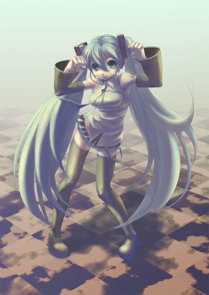 rin2008, rin (pixiv383427), hatsune miku, vocaloid, bad id, bad pixiv id, 1girl, aqua eyes, aqua hair, breasts, detached sleeves, female focus, full body, headphones, headset, legs, long hair, necktie, skirt, smile, solo, thighhighs, twintails, very long hair, zettai ryouiki
