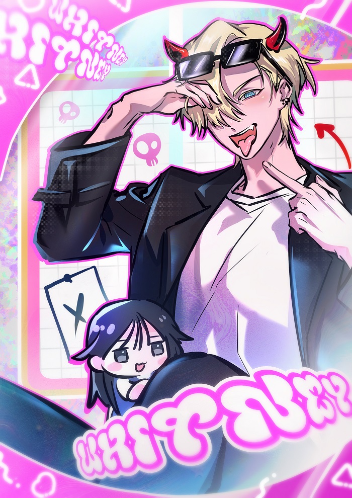 utu310, player character (degrees of lewdity), player character (female) (degrees of lewdity), whitney (degrees of lewdity), whitney (male) (degrees of lewdity), degrees of lewdity, hashtag-only commentary, 1boy, 1girl, black jacket, blonde hair, blue eyes, character name, chibi, chibi inset, demon horns, eyewear on head, hair over one eye, horns, jacket, looking at viewer, middle finger, open clothes, open jacket, open mouth, red horns, shirt, small horns, sunglasses, tongue, tongue out, white shirt