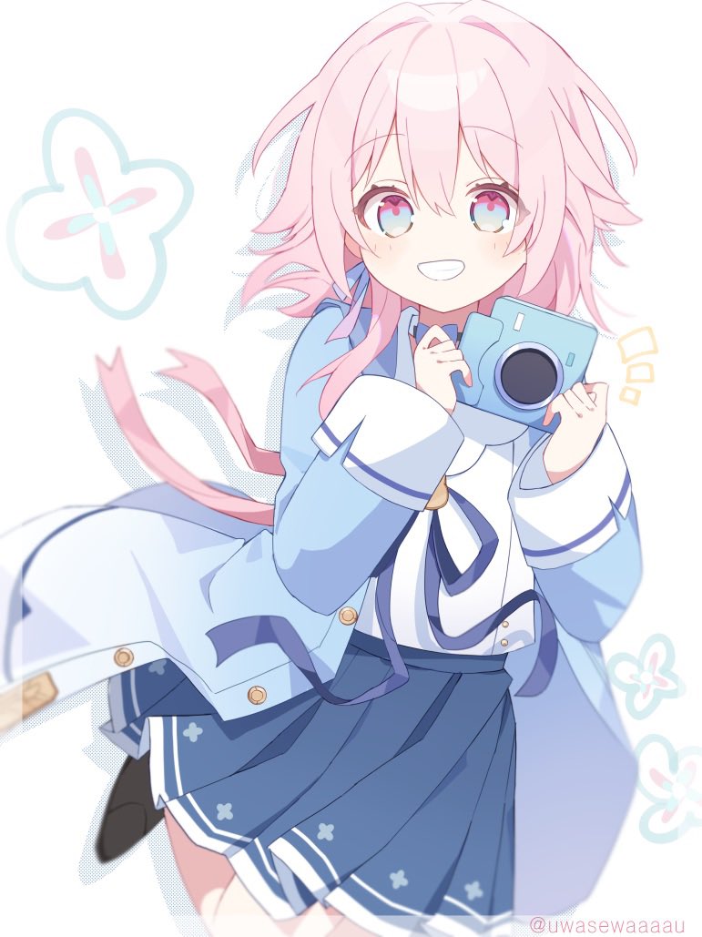 uwasewau, march 7th (honkai: star rail), honkai: star rail, honkai (series), 1girl, aged down, blue eyes, blue jacket, blue skirt, buttons, camera, choker, clenched teeth, earrings, flower, holding, holding camera, jacket, jewelry, leg up, looking at viewer, medium hair, miniskirt, multicolored eyes, official alternate body size, official alternate costume, pink eyes, pink hair, pleated skirt, shirt, single earring, skirt, smile, solo, teeth, twitter username, two-tone eyes, white shirt