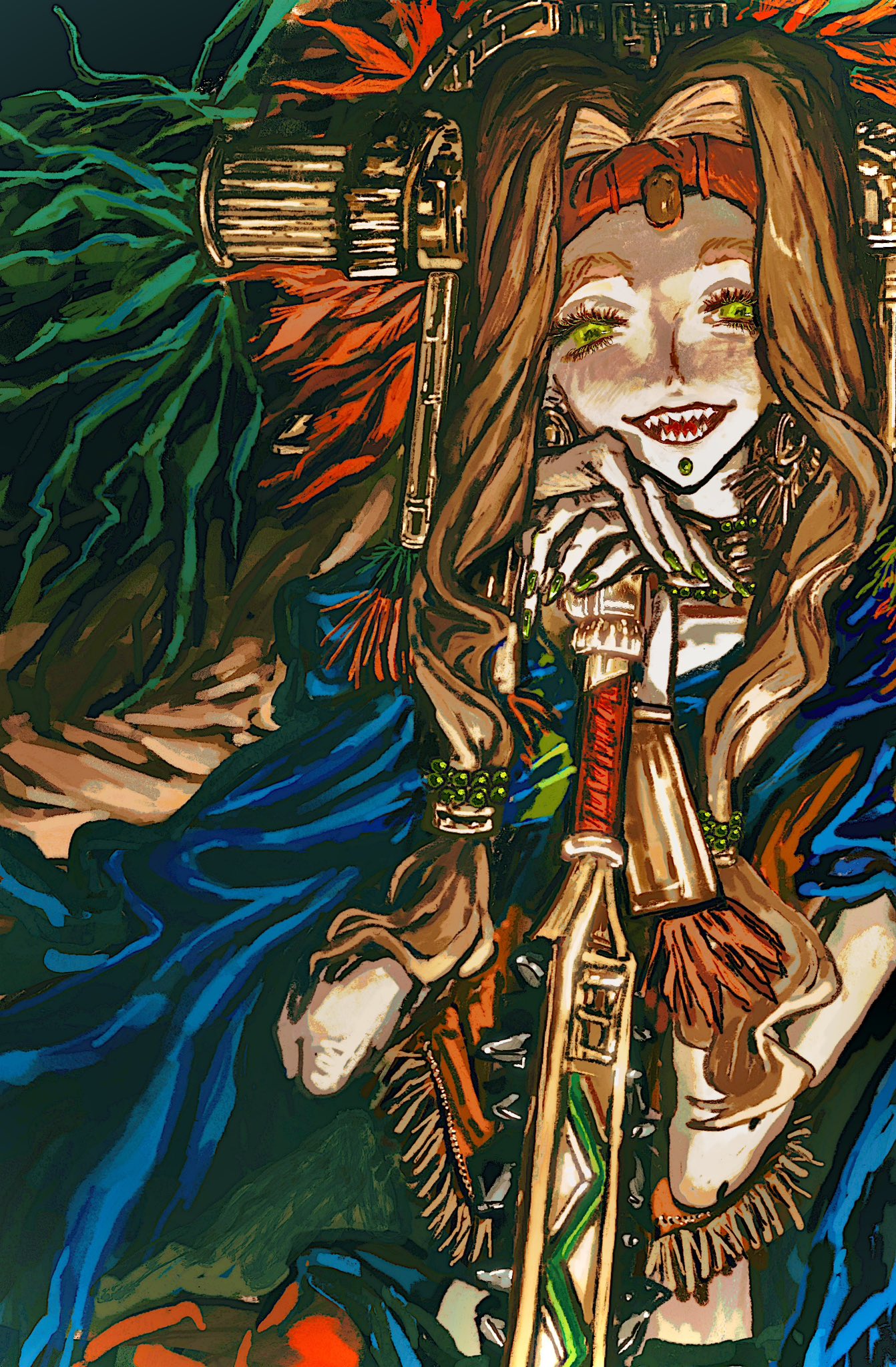 quetzalcoatl (fate), fate/grand order, fate (series), highres, 1girl, aztec, biioon, blonde hair, chin piercing, club, club (weapon), face piercing, green eyes, green nails, hand on hilt, headdress, jewelry, labret piercing, long hair, looking at viewer, open mouth, piercing, poncho, sharp teeth, smile, solo, spiked club, teeth, upper body, weapon