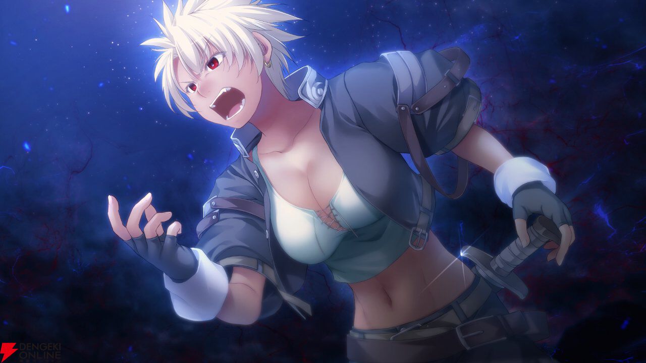atelier-moo, lisa meccano, yuukyuu gensoukyoku, game cg, official art, second-party source, 1girl, abs, angry, aura, belt, black gloves, breasts, brown belt, cleavage, collarbone, cowboy shot, dark aura, dutch angle, earrings, fighting stance, fingerless gloves, gloves, grey jacket, grey pants, holding, holding sword, holding weapon, jacket, jewelry, large breasts, navel, night, night sky, open clothes, open jacket, open mouth, pants, red eyes, shirt, short hair, short sleeves, shouting, sky, solo, spiked hair, standing, sword, teeth, v-shaped eyebrows, weapon, white hair, white shirt, yuukyuu gensoukyoku revival