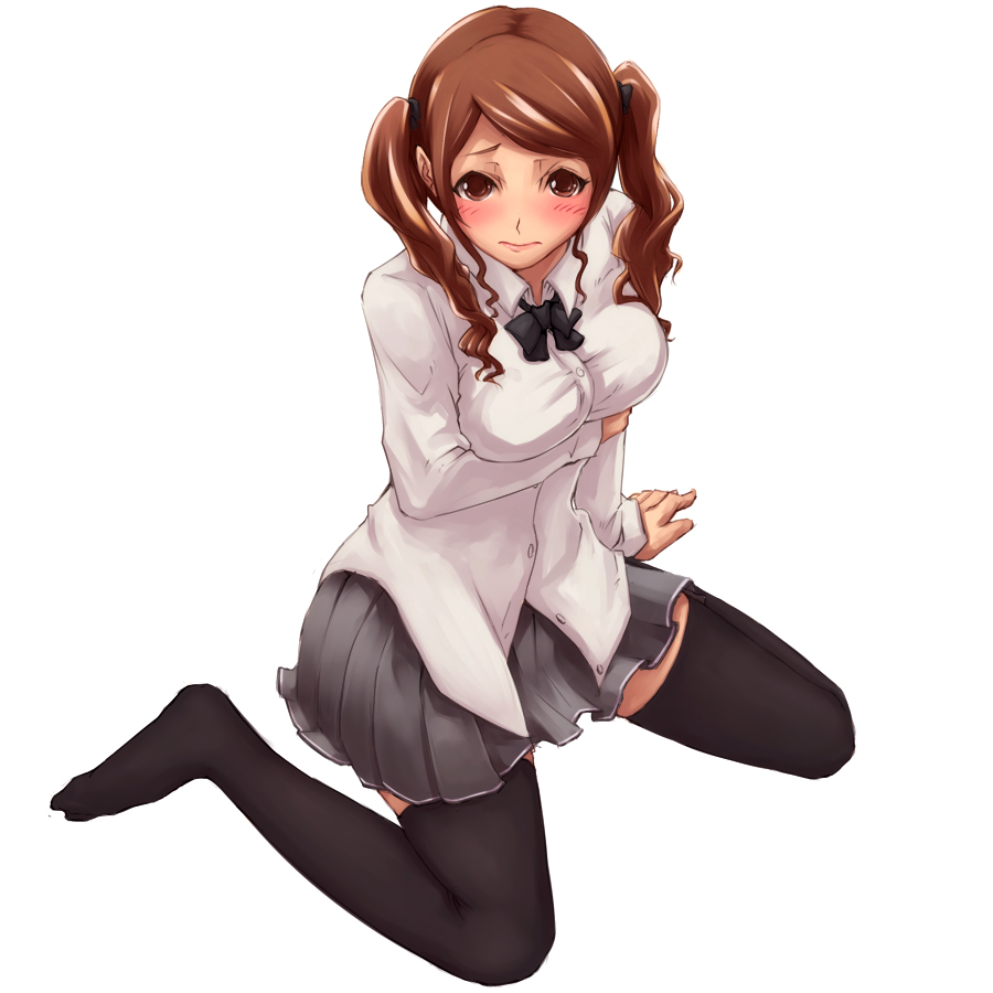 jiji (wander plug), nakata sae, amagami, 1girl, breasts, brown hair, female focus, legs, pleated skirt, school uniform, short twintails, sitting, skirt, solo, thighhighs, twintails