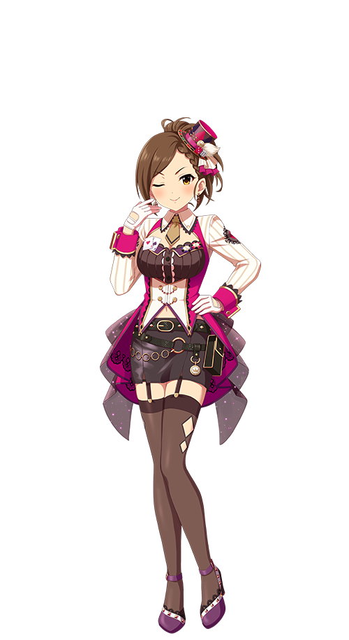 hyodo rena, idolmaster, idolmaster cinderella girls, idolmaster cinderella girls starlight stage, official art, 1girl, belt, braid, braided bangs, brown eyes, brown hair, full body, garter straps, gloves, hand on own hip, hat, idol clothes, mini hat, navel, one eye closed, skirt, solo, thighhighs, transparent background