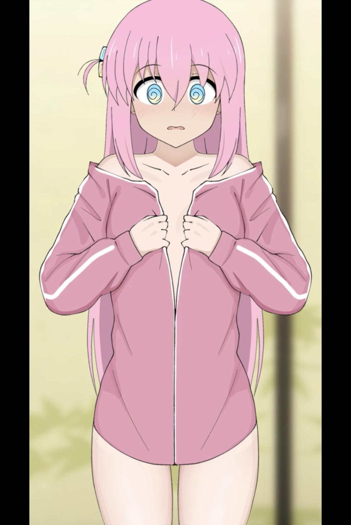 poa mellhen, gotoh hitori, bocchi the rock!, 1girl, @ @, blue eyes, blush, bottomless, breasts, collarbone, cube hair ornament, hair bobbles, hair ornament, jacket, long hair, long sleeves, looking at viewer, medium breasts, open mouth, pink hair, red jacket, removing jacket, side ponytail, standing, track jacket, undressing