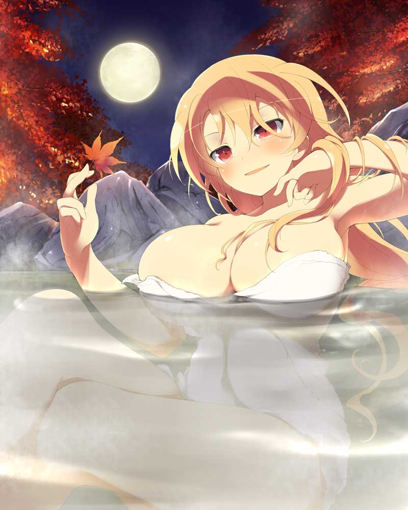 souji (senran kagura), senran kagura, senran kagura new wave, official art, 1girl, autumn leaves, bare shoulders, bath, blonde hair, blush, breasts, cleavage, collarbone, crossed legs, floating breasts, full moon, hair between eyes, holding, holding leaf, huge breasts, leaf, long hair, looking at viewer, maple leaf, moon, naked towel, night, night sky, nude, onsen, open mouth, red eyes, rock, shiny skin, sitting, sky, smile, smirk, solo, steam, towel, very long hair, water, wet