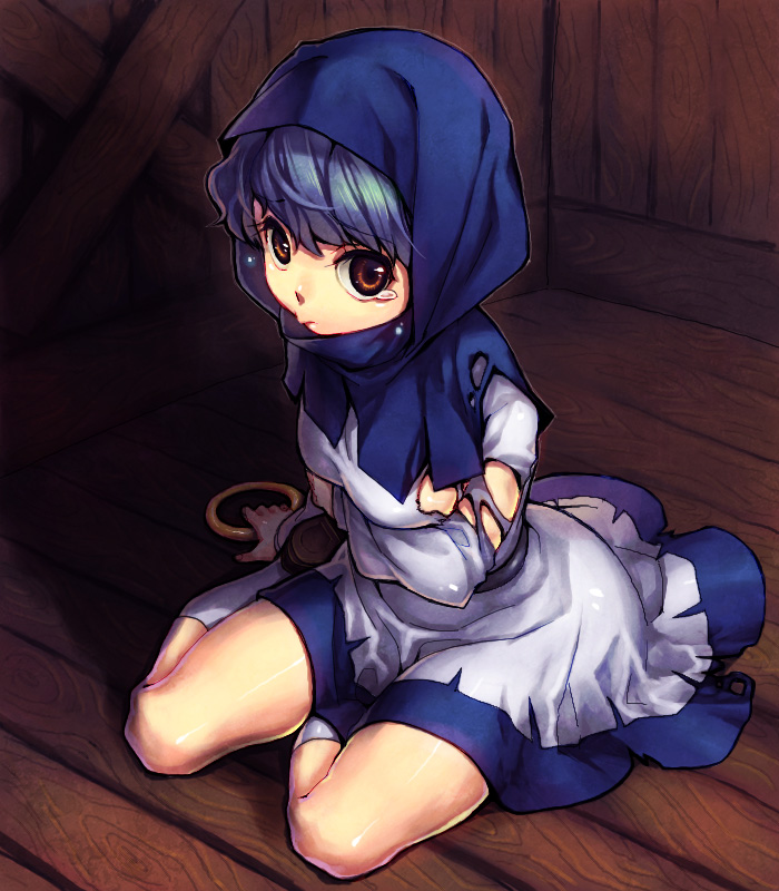 misti, kumoi ichirin, touhou, 1girl, :>, blue hair, bracelet, brown eyes, female focus, hood, jewelry, ring, short hair, sitting, solo, tears, torn clothes, wooden floor, yokozuwari