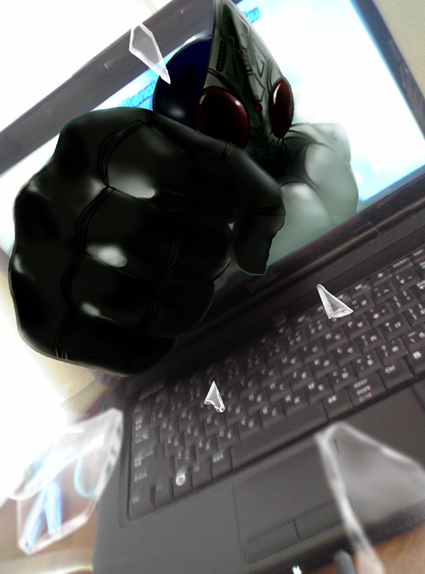 kiriinio, kamen rider blade, kamen rider, kamen rider blade (series), bad id, bad pixiv id, 1boy, computer, computer keyboard, laptop, male focus, punching, solo, through medium, through screen