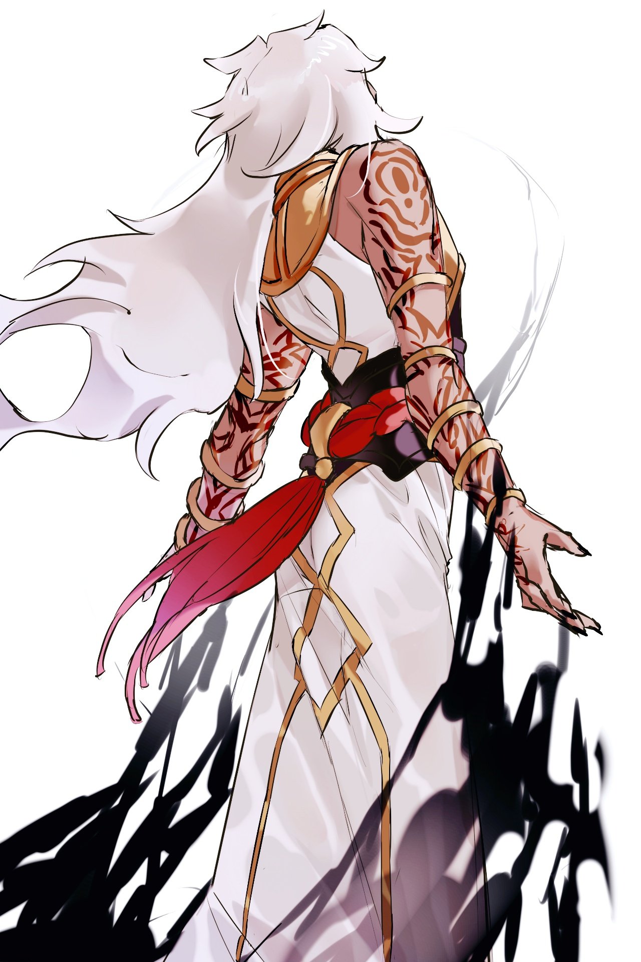 han12sara, solomon (fate), fate/grand order, fate (series), commentary request, highres, korean commentary, 1boy, arm tattoo, bracelet, dark-skinned male, dark skin, feet out of frame, from behind, jewelry, long hair, male focus, robe, simple background, solo, tattoo, white background, white hair