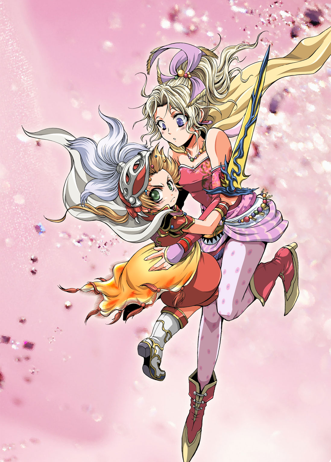 muse kuruu otome, onion knight, tina branford, dissidia final fantasy, final fantasy, final fantasy iii, final fantasy vi, highres, 1990s (style), armor, cape, child, pantyhose, sword, weapon