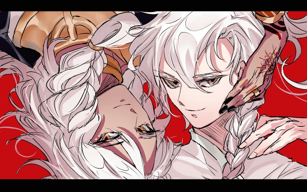 han12sara, marisbury animusphere, solomon (fate), fate/grand order, fate (series), commentary request, korean commentary, 2boys, braid, braided ponytail, brown eyes, dark-skinned male, dark skin, hair between eyes, hand tattoo, jewelry, long hair, looking at viewer, male focus, multiple boys, portrait, red background, ring, simple background, single braid, smile, tattoo, upside-down, white hair