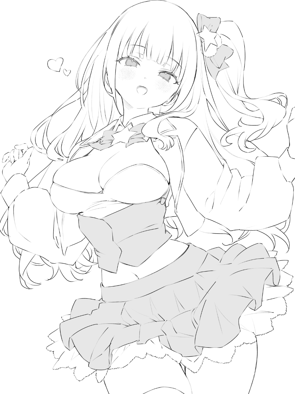 yamai yurika, original, commentary request, highres, unfinished, 1girl, bow, bowtie, breasts, cleavage, cowboy shot, crop top, cropped jacket, detached collar, greyscale, hair bow, hair ornament, jacket, large breasts, long hair, long sleeves, looking at viewer, midriff, miniskirt, monochrome, navel, one side up, open clothes, open jacket, open mouth, pleated skirt, shirt, skirt, solo, star (symbol), star hair ornament, underbust