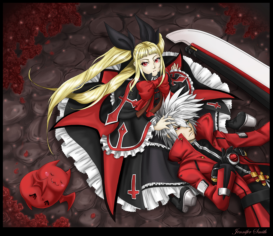 liveloveburndie, gii, rachel alucard, ragna the bloodedge, arc system works, blazblue, 1boy, 1girl, bat (animal), blonde hair, bow, gothic lolita, heterochromia, japanese clothes, lolita fashion, red bow, red eyes, sleeping, sword, vampire, weapon