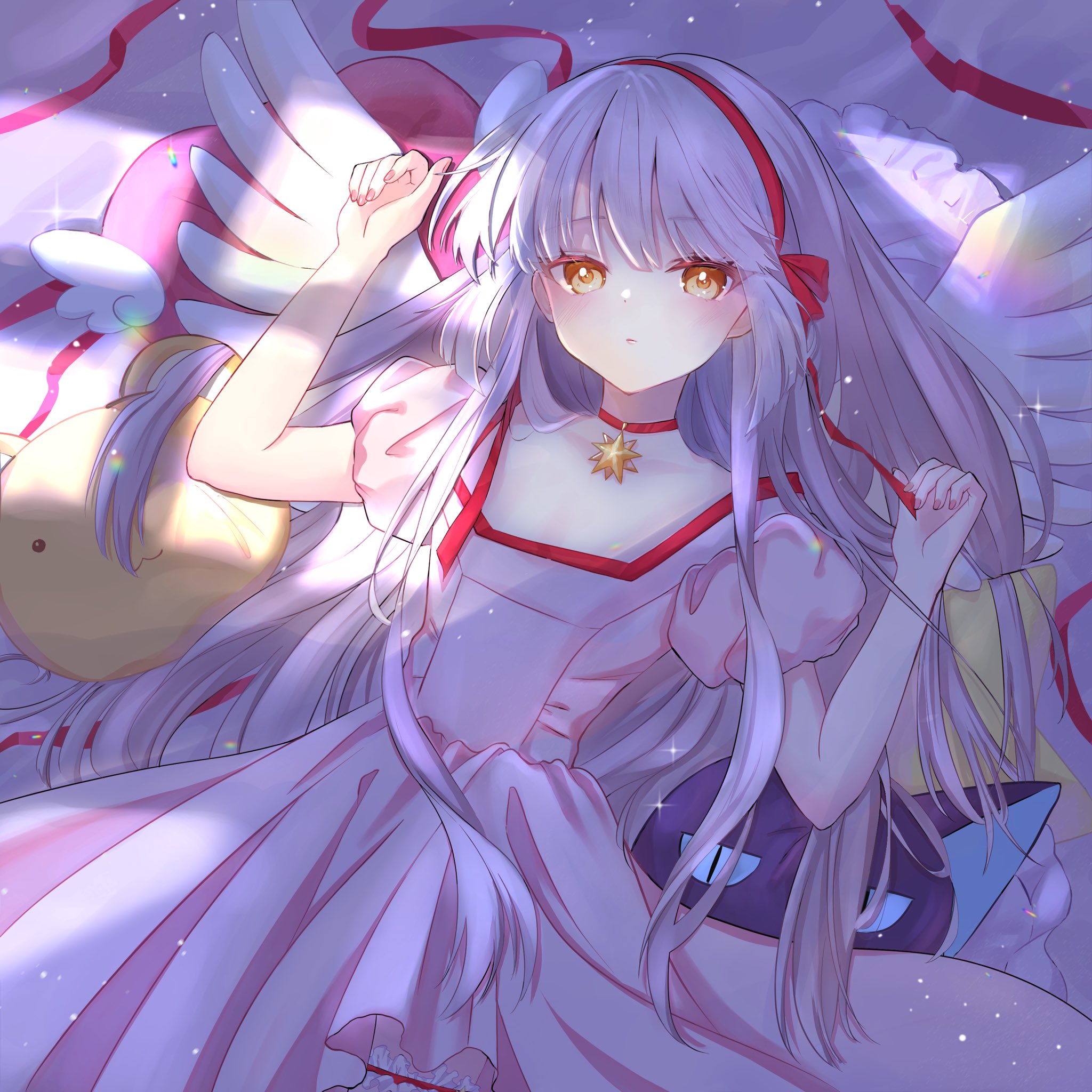 dear arisu, kinomoto sakura, kinomoto sakura (princess costume), cardcaptor sakura, original, commentary, english commentary, highres, 1girl, blush, choker, choppy bangs, closed mouth, cosplay, cowboy shot, dress, feathered wings, flat chest, grey hair, hands up, kinomoto sakura (cosplay), long hair, looking at viewer, lying, on back, pink dress, puffy short sleeves, puffy sleeves, red choker, short sleeves, solo, star (symbol), star choker, wings, yellow eyes