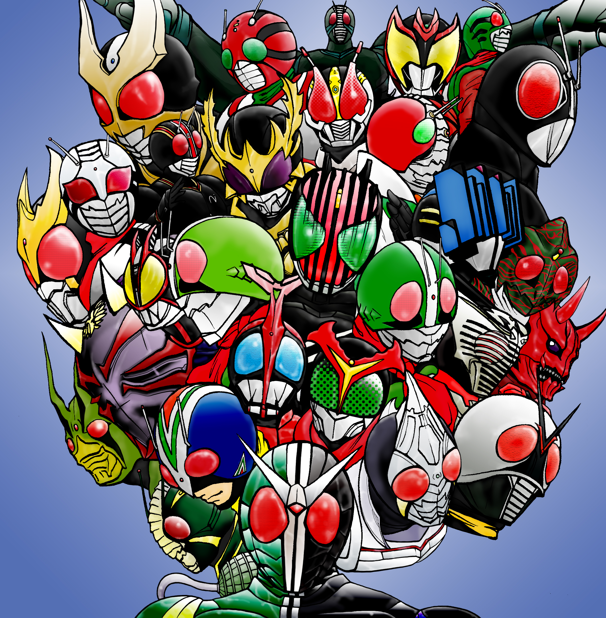 sword-dream, kamen rider 1, kamen rider 2, kamen rider agito, kamen rider agito (ground form), kamen rider amazon, kamen rider black, kamen rider black rx, kamen rider blade, kamen rider decade, kamen rider den-o, kamen rider diend, kamen rider double, kamen rider faiz, kamen rider hibiki, kamen rider j, kamen rider kabuto, kamen rider kiva, kamen rider kuuga, kamen rider ryuki, kamen rider shin, kamen rider stronger, kamen rider super-1, kamen rider v3, kamen rider x, kamen rider zo, kamen rider zx, momotaros, momotarosu, riderman, skyrider, kamen rider, kamen rider (1st series), kamen rider 555, kamen rider agito (series), kamen rider amazon (series), kamen rider black (series), kamen rider black rx (series), kamen rider blade (series), kamen rider dcd, kamen rider den-o (series), kamen rider hibiki (series), kamen rider kabuto (series), kamen rider kiva (series), kamen rider kuuga (series), kamen rider ryuki (series), kamen rider stronger (series), kamen rider super-1 (series), kamen rider v3 (series), kamen rider w, kamen rider x (series), neo kamen rider, shin kamen rider prologue, absurdres, highres, 6+boys, antennae, everyone, male focus, multiple boys