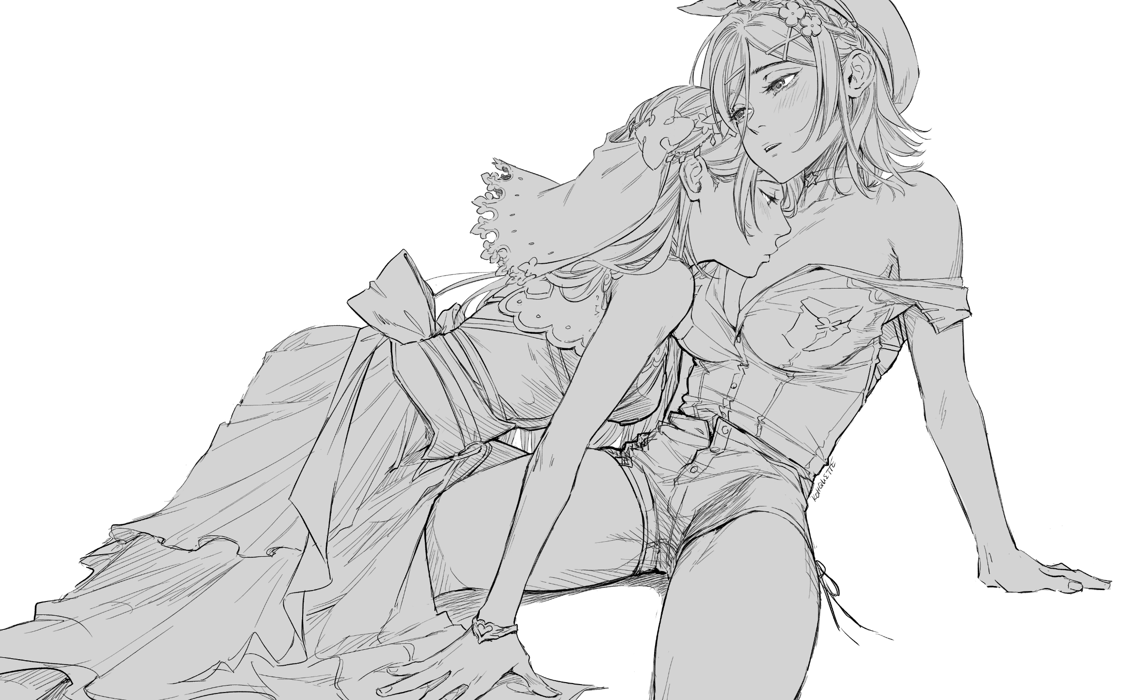 irene koh, klaudia valentz, reisalin stout, atelier (series), atelier ryza, highres, 2girls, beret, blush, bracelet, breasts, choker, cleavage, clover, clover hair ornament, dress, grey background, hair ornament, hat, heart bracelet, jewelry, kiss, kissing breast, large breasts, long hair, monochrome, multiple girls, pleated dress, pocket protector, shirt, short hair, short shorts, shorts, simple background, sitting, skirt, thighs, yuri