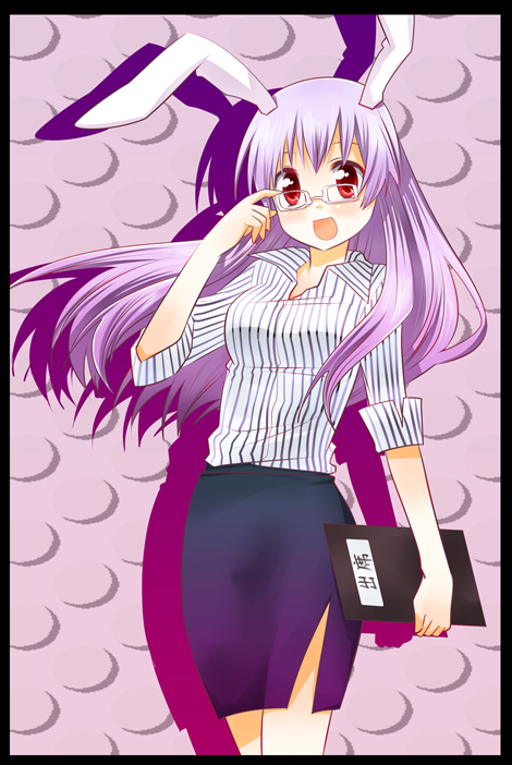izumi minami, reisen udongein inaba, touhou, bad id, bad pixiv id, 1girl, adjusting eyewear, alternate costume, animal ears, bespectacled, contemporary, female focus, glasses, long hair, miniskirt, open mouth, pencil skirt, purple hair, rabbit ears, red eyes, shirt, skirt, sleeves rolled up, smile, solo, striped clothes, striped shirt