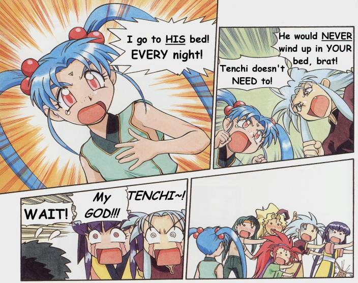 azuma kiyohiko, hakubi washuu, kuramitsu mihoshi, makibi kiyone, masaki aeka jurai, masaki sasami jurai, masaki tenchi, ryouko (tenchi muyou!), tenchi muyou!, tenchi muyou! manatsu no eve, hard-translated, third-party edit, translated, 1boy, 6+girls, black hair, blonde hair, blue hair, comic, facial mark, forehead mark, freckles, green hair, mother and daughter, multiple girls, pink eyes, purple hair, red eyes, red hair, simple background, tears, twintails, what, yellow eyes