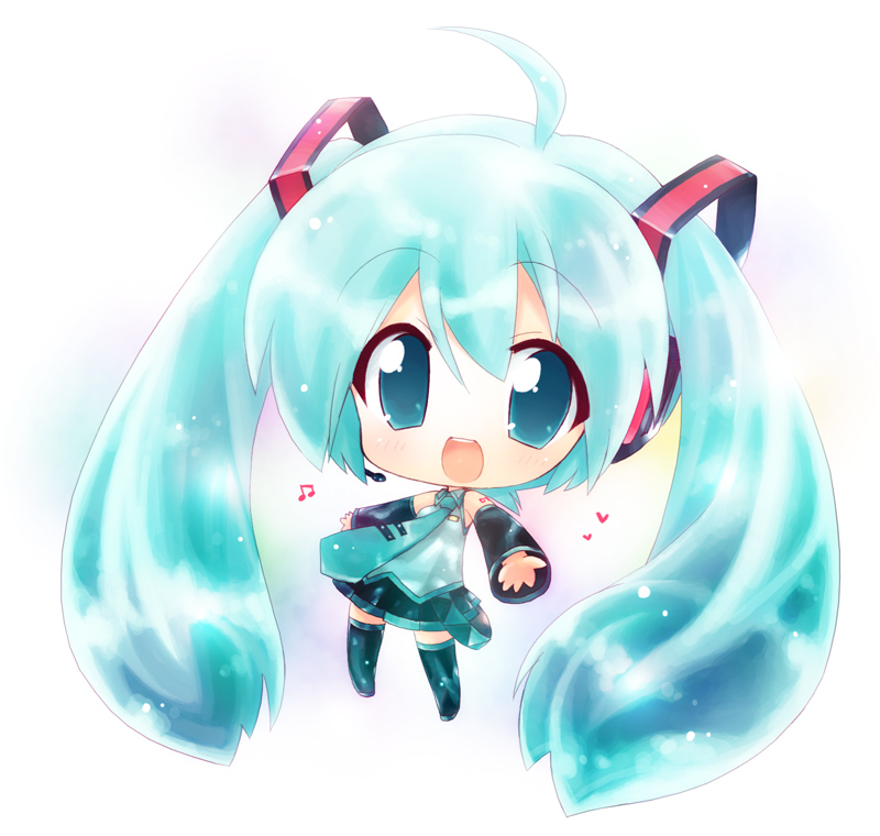 hahifuhe, hatsune miku, vocaloid, ahoge, aqua eyes, aqua hair, blush, chibi, detached sleeves, headphones, headset, heart, long hair, musical note, necktie, skirt, smile, solo, thighhighs, twintails, very long hair