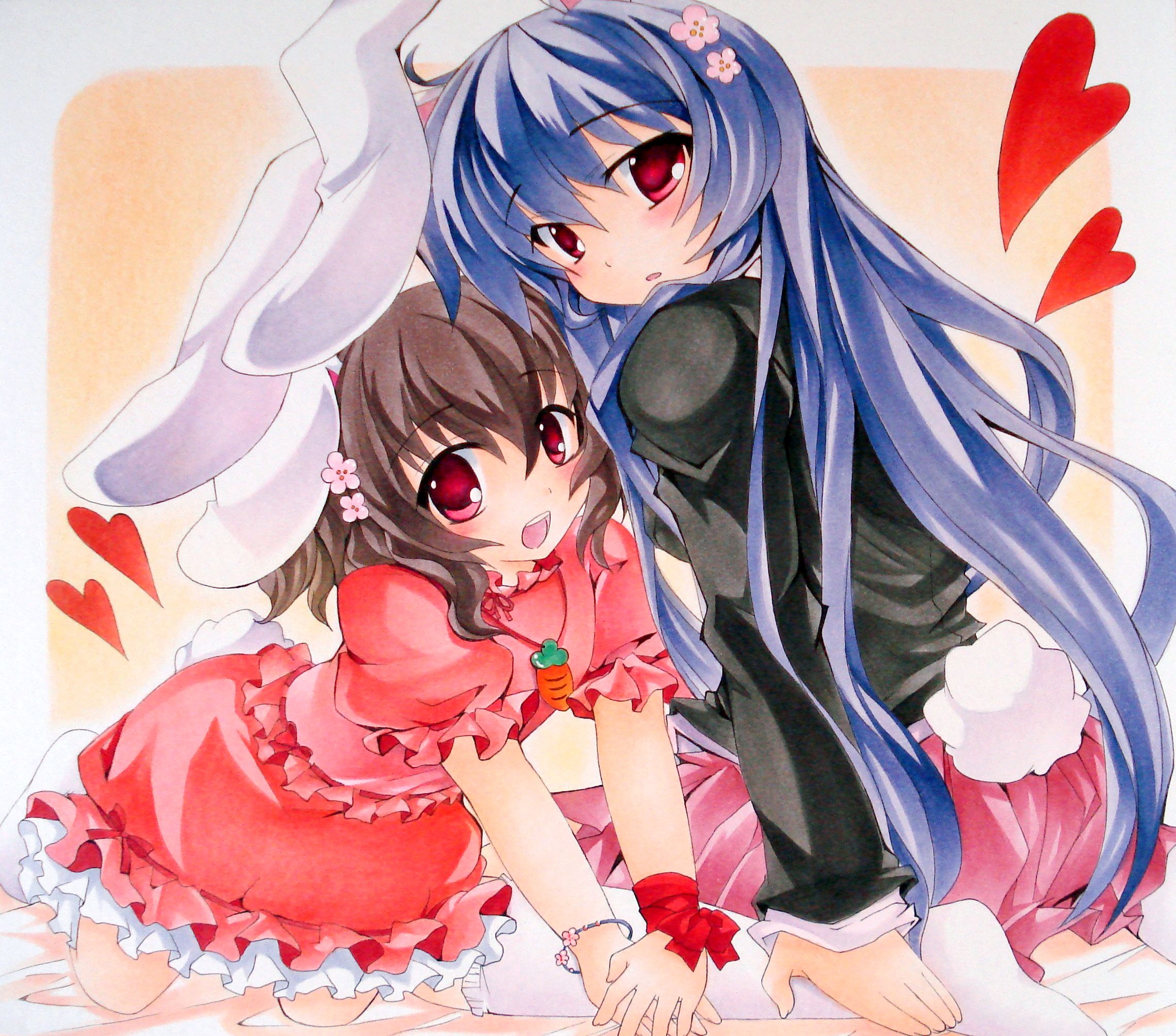 yuki tsuki sou, yukitsuki kokoro, inaba tewi, reisen udongein inaba, touhou, highres, jpeg artifacts, marker (medium), millipen (medium), pastel (medium), pen (medium), traditional media, 2girls, all fours, animal ears, blue hair, bracelet, brown hair, carrot, female focus, heart, jewelry, long hair, looking at viewer, multiple girls, open mouth, pendant, purple hair, rabbit ears, rabbit girl, rabbit tail, red eyes, shikishi, short hair, sitting, smile, tail, wariza