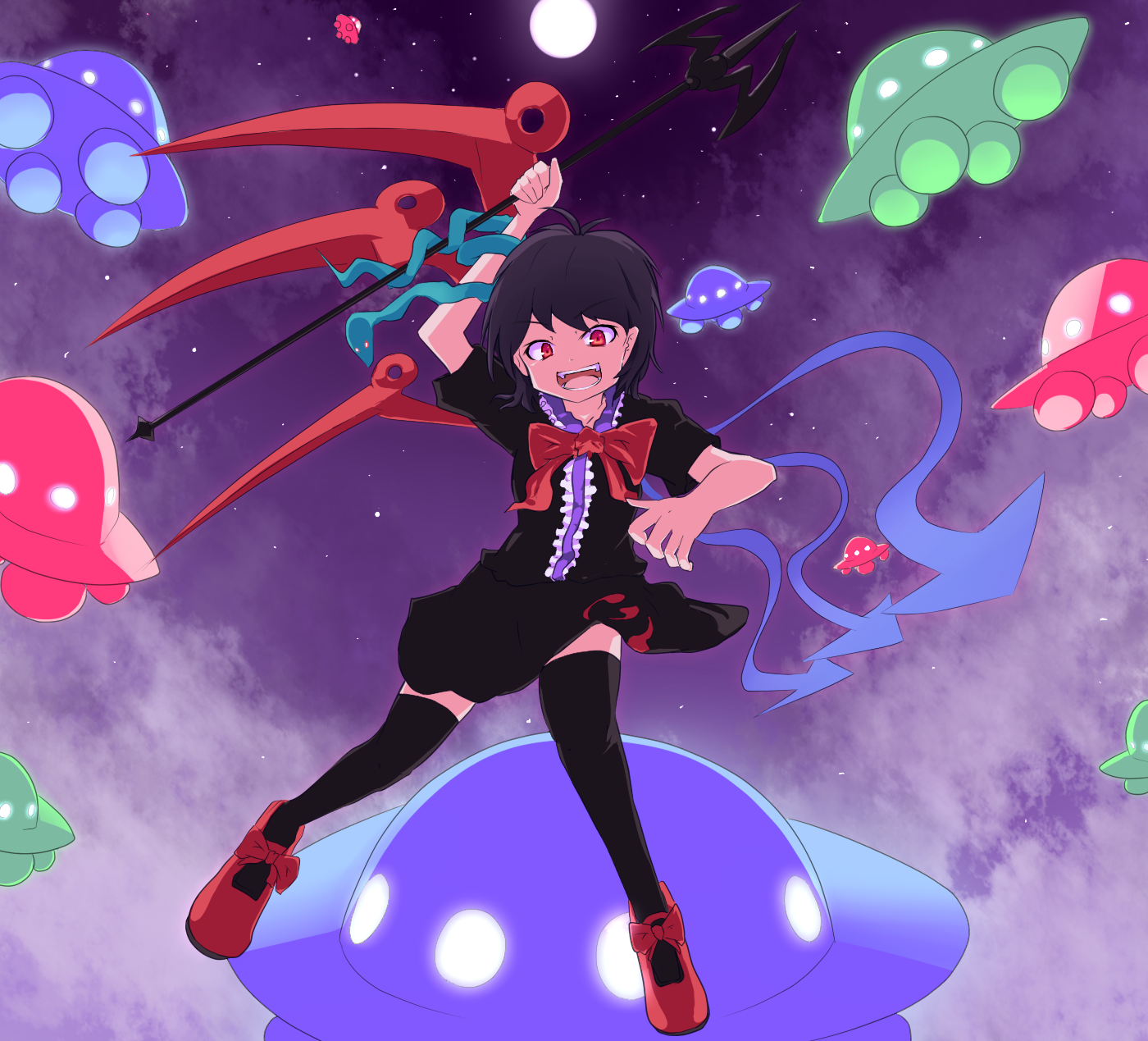 aho, houjuu nue, touhou, bad id, bad pixiv id, highres, 1girl, black hair, black thighhighs, dress, female focus, outdoors, polearm, red eyes, short hair, sky, snake, solo, spear, thighhighs, trident, ufo, weapon, wings, zettai ryouiki
