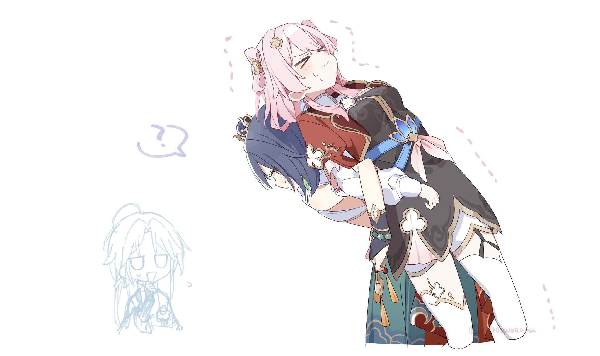 uwasewau, march 7th (honkai: star rail), march 7th (hunt) (honkai: star rail), yanqing (honkai: star rail), yunli (honkai: star rail), honkai: star rail, honkai (series), highres, > <, 1boy, 2girls, ?, belt, black dress, bloomers, blue belt, breasts, chinese clothes, cropped jacket, cropped legs, dress, earrings, high belt, jacket, jewelry, long sleeves, medium breasts, multiple girls, official alternate costume, official alternate hairstyle, pink hair, puffy sleeves, red jacket, short dress, shuangyaji, single earring, sweatdrop, thighhighs, twitter username, underbust, underwear, white bloomers, white thighhighs