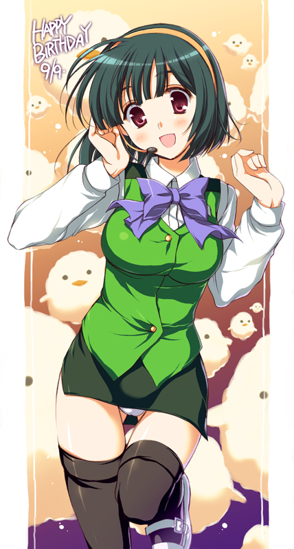 odawara hakone, otonashi kotori, idolmaster, idolmaster (classic), 00s, 1girl, :d, birthday, blush, female focus, green hair, happy birthday, headset, open mouth, panties, pantyshot, pencil skirt, red eyes, short hair, skirt, smile, solo, thighhighs, underwear