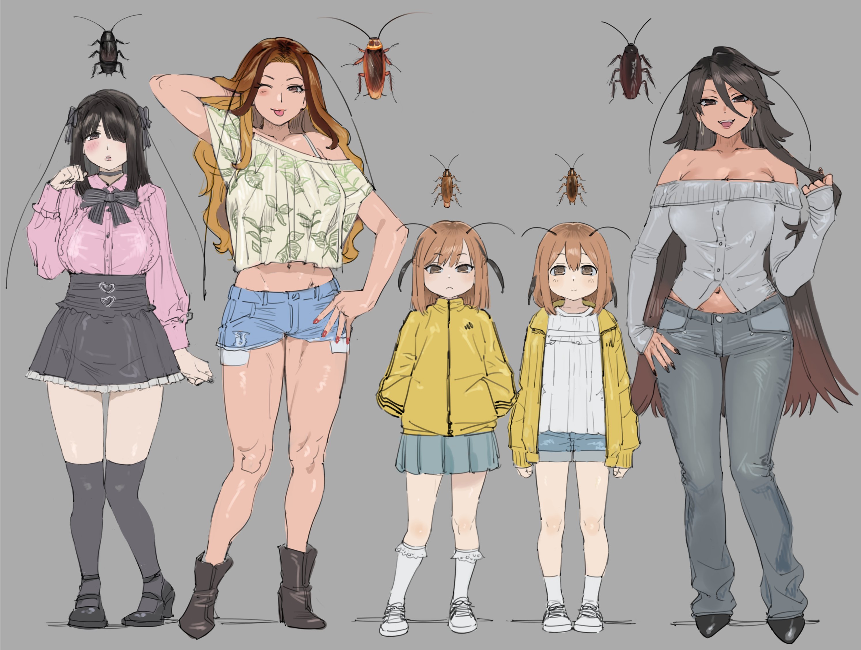 qopqop, original, highres, 5girls, antennae, arthropod girl, breasts, cockroach girl, grey background, hair over one eye, jirai kei, large breasts, long hair, multiple girls, one eye closed