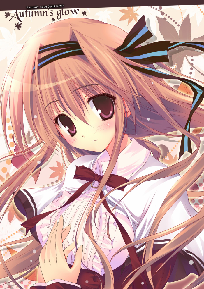 karory, bad id, bad pixiv id, blush, brown eyes, brown hair, hair ribbon, leaf, long hair, ribbon, solo, wind