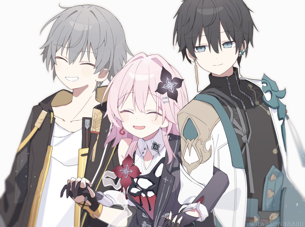 uwasewau, caelus (honkai: star rail), dan heng (honkai: star rail), dan heng (hunt) (honkai: star rail), evernight (honkai: star rail), march 7th (honkai: star rail), trailblazer (honkai: star rail), honkai: star rail, honkai (series), commentary, symbol-only commentary, 1girl, 2boys, black flower, black gloves, black hair, closed eyes, earrings, flower, gloves, grey hair, hair flower, hair intakes, hair ornament, hairclip, jewelry, light blush, long sleeves, multiple boys, official alternate costume, official alternate design, open mouth, parallel hairclips, pink hair, red flower, single bare shoulder, single earring, smile, twitter username