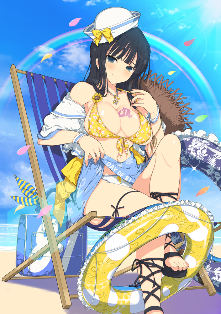 yaegashi nan, ikaruga (senran kagura), senran kagura, senran kagura new wave, senran kagura shoujo-tachi no shin'ei, two-tone wristband, official art, 1girl, anchor necklace, anchor print, bag, beach, beach chair, bikini, black hair, black sandals, blue eyes, blue sarong, blue sky, blue trim, blunt bangs, blush, bow, breast tattoo, breasts, chair, cleavage, closed mouth, cloud, day, deck chair, falling petals, floral print, floral print bikini, floral print sarong, flower, folding chair, frilled innertube, frills, front-tie bikini top, front-tie top, gem, gladiator sandals, green petals, groin, hat, hat bow, heart, heart tattoo, hime cut, horizon, innertube, jacket, jewelry, large breasts, lens flare, linea alba, long hair, looking at viewer, navel, necklace, non-circular lens flare, ocean, open clothes, open jacket, orange petals, outdoors, pendant, petals, pink petals, print bikini, print innertube, rainbow, red petals, sailor hat, sand, sandals, sarong, shiny skin, sitting, skindentation, sky, smile, solo, sparkle, strap pull, straw hat, sun, sunflower, swim ring, swimsuit, tattoo, thigh strap, very long hair, water, white bikini, white jacket, wristband, yellow bikini, yellow bow, yellow gemstone, yellow petals