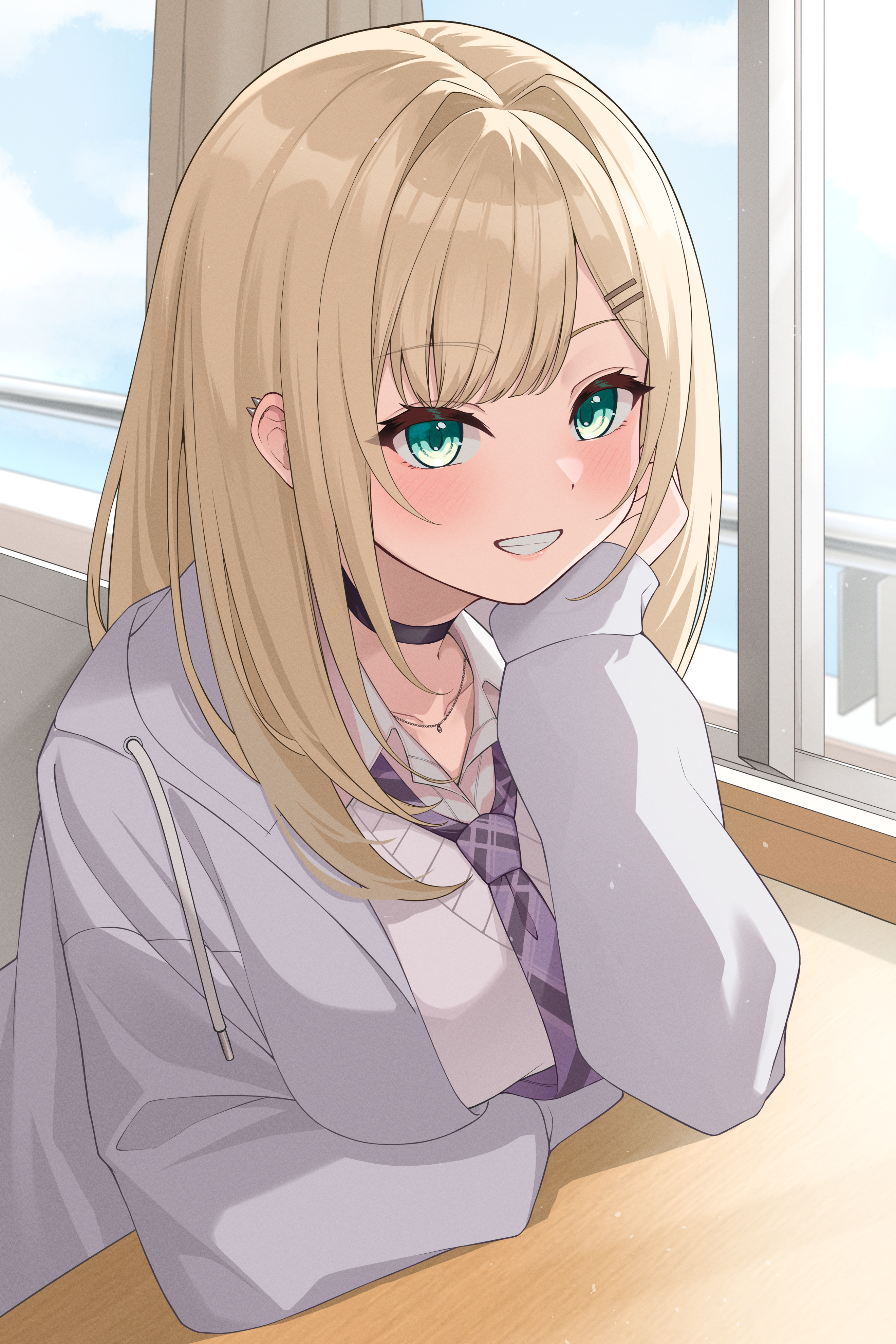 yoppy paint, kurumi noah, vspo!, absurdres, commentary request, highres, 1girl, black choker, blonde hair, blush, breasts, choker, desk, green eyes, indoors, jacket, large breasts, long hair, long sleeves, looking at viewer, necktie, purple jacket, purple necktie, purple vest, school desk, school uniform, shirt, smile, solo, upper body, vest, virtual youtuber, white shirt, window