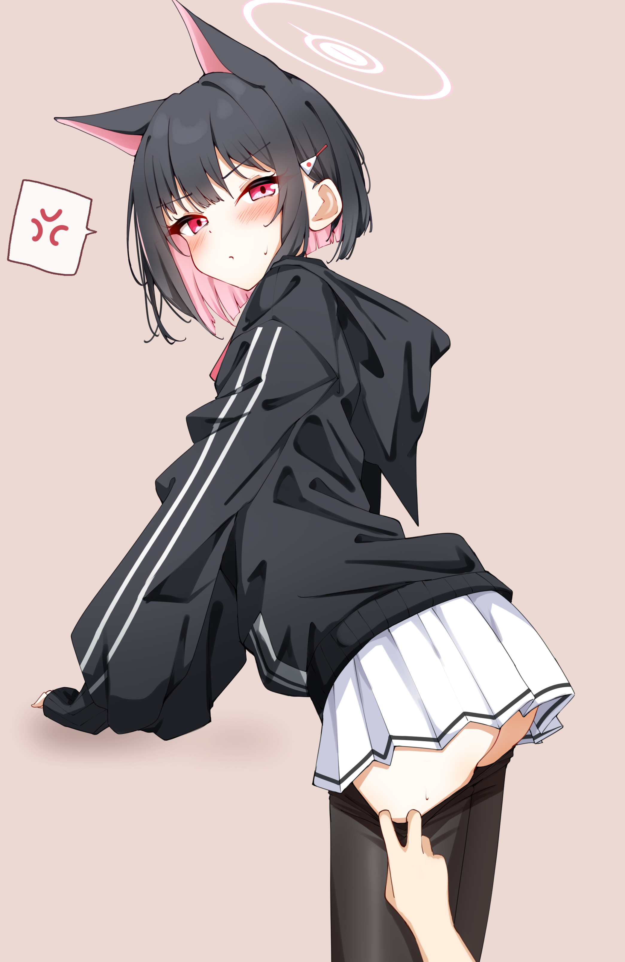 kabocya na, kazusa (blue archive), blue archive, absurdres, commentary, highres, 1girl, 1other, angry, animal ears, black hair, black hoodie, blush, brown background, cat ears, clothes pull, colored inner animal ears, colored inner hair, extra ears, halo, hood, hoodie, jacket, looking at viewer, multicolored hair, neckerchief, pantyhose, pantyhose pull, pink hair, pink halo, pink neckerchief, pleated skirt, pulling another's clothes, red eyes, short hair, simple background, skirt, solo focus, two-tone hair, white skirt