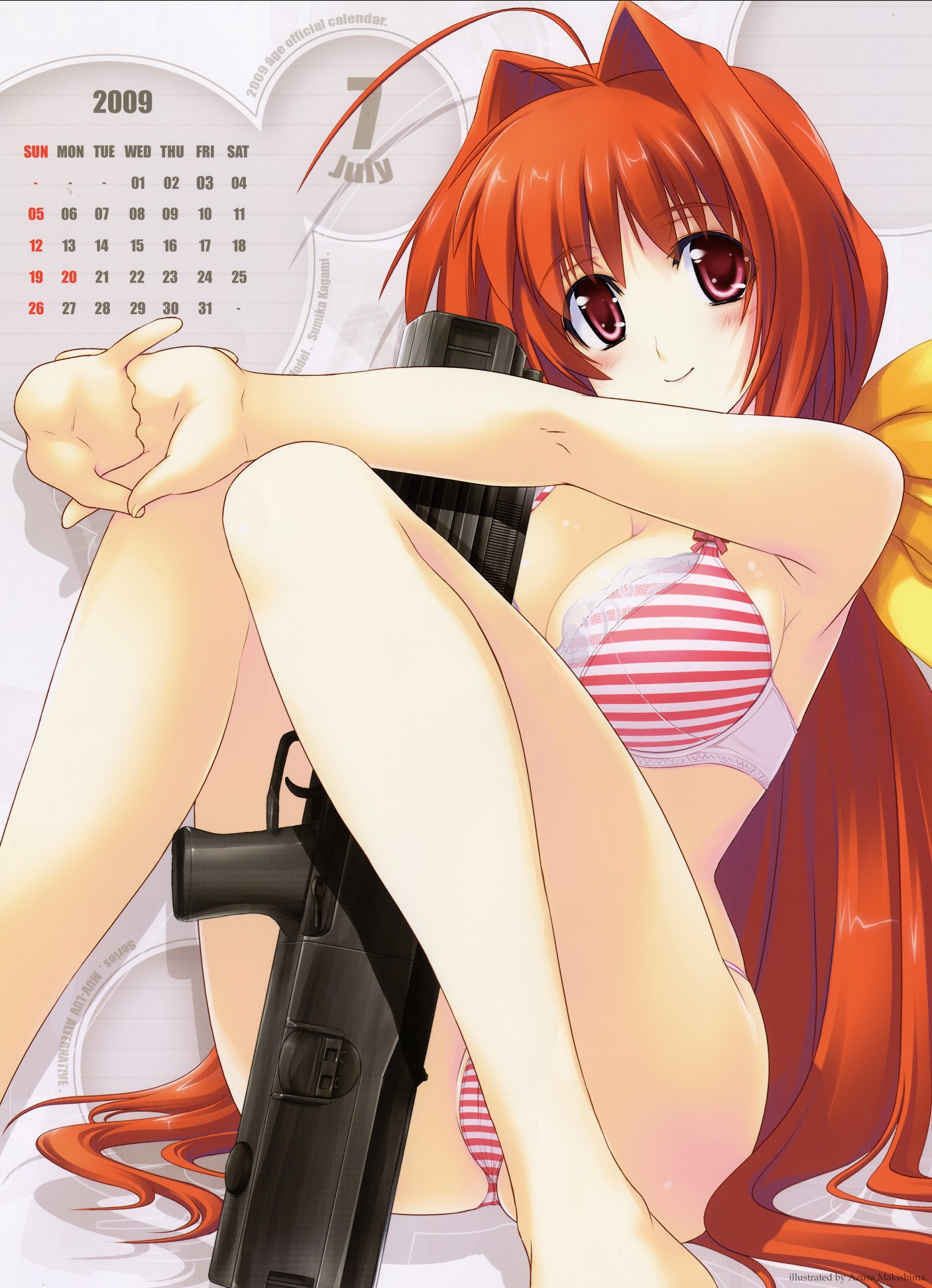 makishima azusa, kagami sumika, heckler & koch, muv-luv, muv-luv alternative, striped, highres, 2009, armpits, assault rifle, blush, bra, breasts, calendar, cleavage, g11, gun, july, lingerie, long hair, panties, pink eyes, red eyes, red hair, sitting, smile, striped bra, striped panties, underwear, very long hair, weapon
