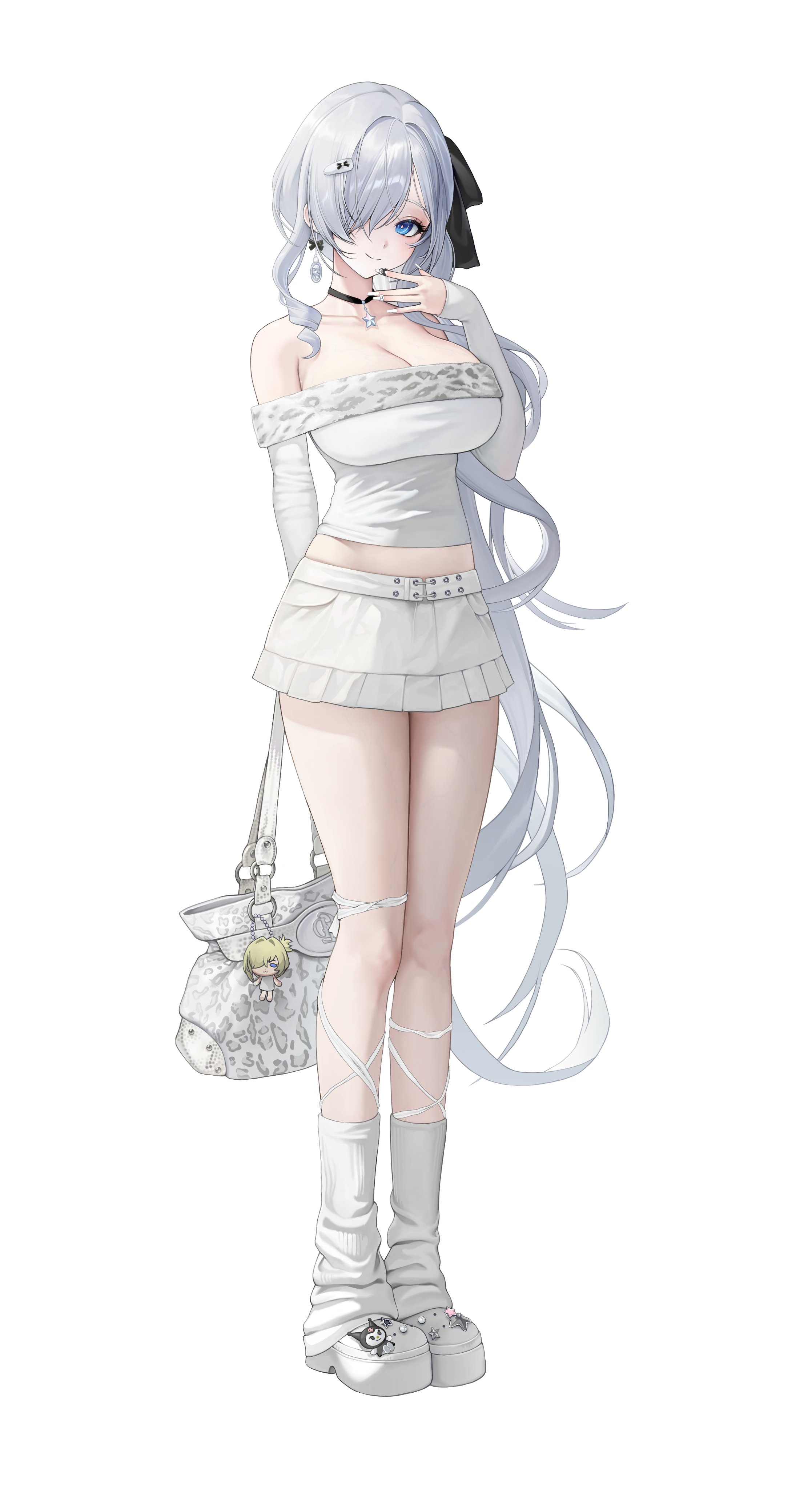 young99, abe (nikke), cinderella (nikke), goddess of victory: nikke, absurdres, commentary, highres, 1girl, alternate costume, bag, bare shoulders, black choker, blue eyes, breasts, choker, cleavage, detached sleeves, holding, holding bag, large breasts, leg warmers, long hair, looking at viewer, miniskirt, simple background, skirt, smile, solo, tank top, very long hair, white background, white hair, white leg warmers, white skirt, white tank top