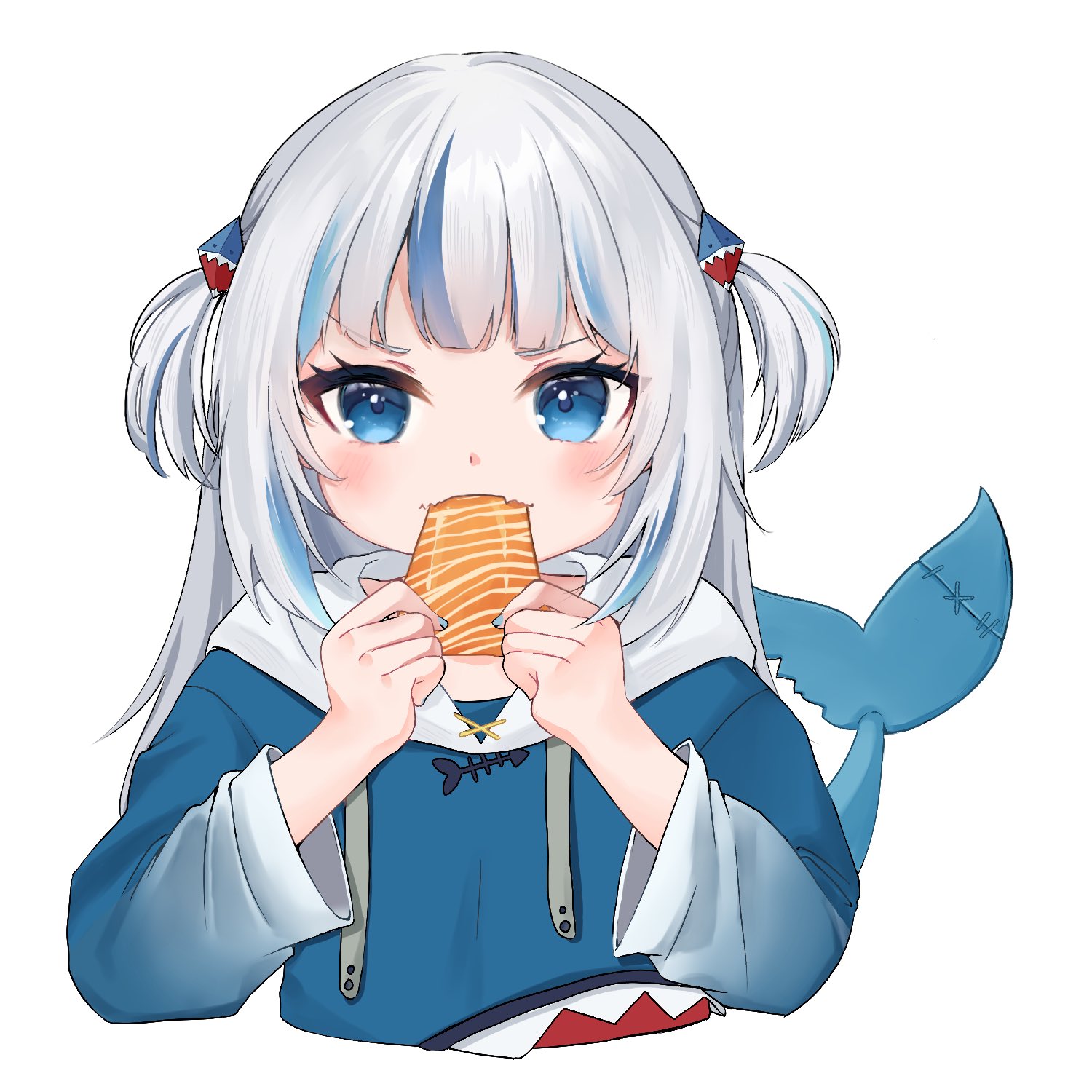 dear arisu, gawr gura, hololive, hololive english, commentary, highres, 1girl, blue eyes, blue hair, blue hoodie, blush, choppy bangs, cropped torso, eating, fins, fish tail, food, hair ornament, holding, holding food, hood, hood down, hoodie, long hair, looking at viewer, multicolored hair, shark girl, shark hair ornament, shark tail, simple background, solo, straight-on, streaked hair, tail, two side up, virtual youtuber, white background, white hair