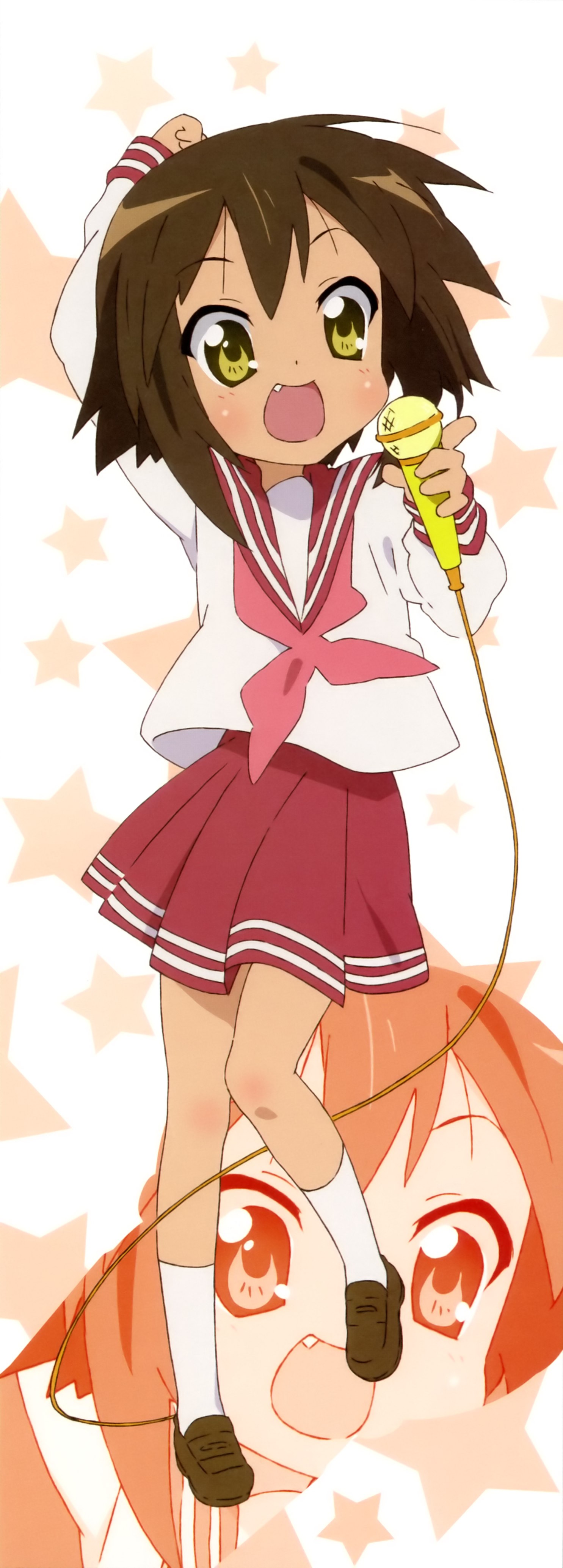 kusakabe misao, lucky star, absurdres, highres, long image, official art, scan, tall image, 00s, 1girl, blush, brown hair, fang, female focus, microphone, open mouth, school uniform, serafuku, short hair, solo, star (symbol), yellow eyes