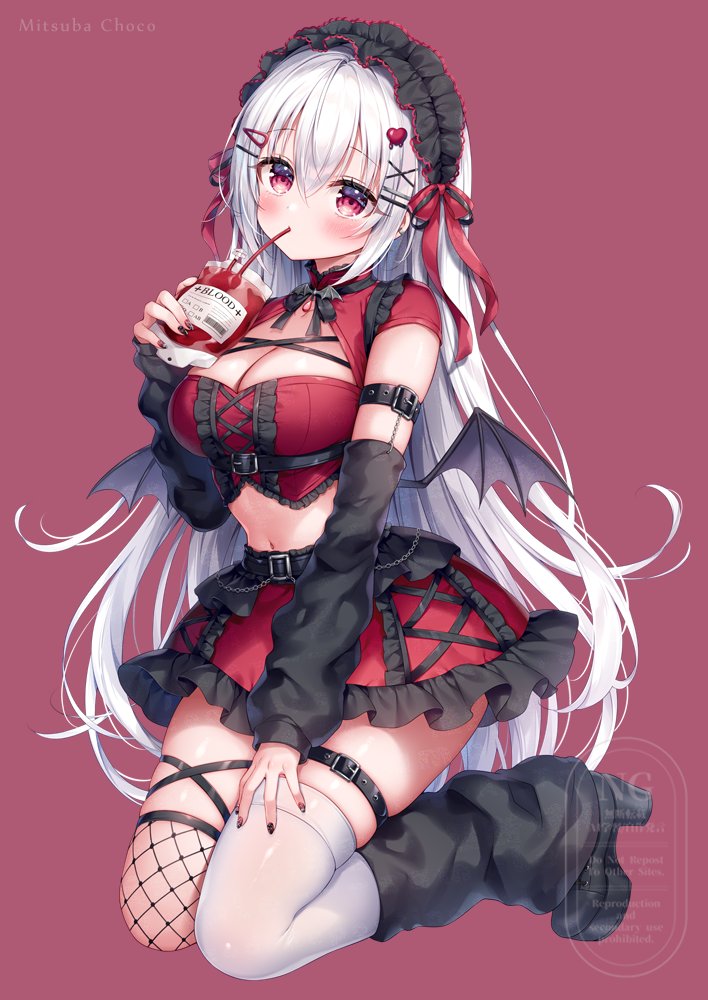 mitsuba choco, original, commentary request, 1girl, arm warmers, asymmetrical legwear, bat wings, belt, black belt, black leg warmers, black shoes, breasts, cleavage, cleavage cutout, clothing cutout, crop top, detached sleeves, drinking, drinking straw, fishnet thighhighs, fishnets, frilled skirt, frills, full body, grey hair, hair between eyes, hand up, holding, kneeling, kyuketsuki-chan (mitsuba choco), large breasts, leg warmers, long hair, long sleeves, looking at viewer, midriff, mismatched legwear, navel, pink background, red eyes, red shirt, red skirt, shirt, shoes, simple background, skindentation, skirt, solo, thigh belt, thigh strap, thighhighs, twitter username, vampire, very long hair, watermark, white thighhighs, wings