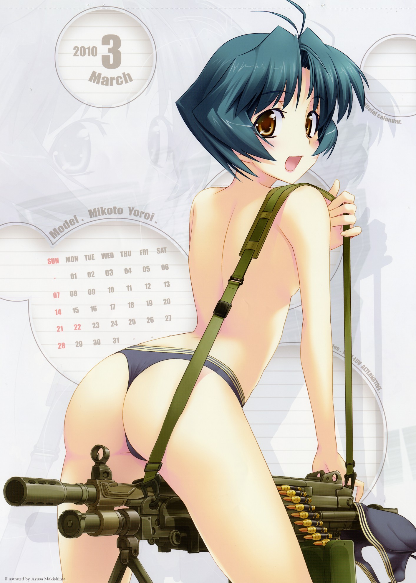 makishima azusa, yoroi mikoto, muv-luv, muv-luv alternative, highres, 00s, 10s, 1girl, 2009, 2010, ammunition, ammunition belt, ammunition box, antenna hair, ass, between thighs, bipod, blue hair, blue panties, brown eyes, bullet, calendar, female focus, gun, light machine gun, m249 saw, machine gun, march, no bra, panties, rifle cartridge, short hair, solo, squad automatic weapon, thighs, thong, topless female, underwear, weapon, zoom layer