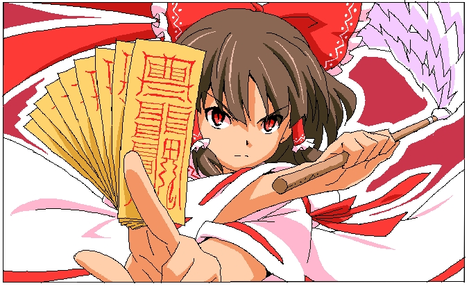 ikuya koimori, hakurei reimu, touhou, bad id, bad pixiv id, 1girl, bow, brown hair, female focus, foreshortening, gohei, oekaki, ofuda, oonusa, red eyes, ribbon, serious, slit pupils, solo, upper body, x arms