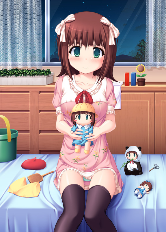 kageira, amami haruka, idolmaster, idolmaster (classic), 00s, 1girl, animal costume, aqua panties, bed, bedroom, black thighhighs, blush, blush stickers, brown hair, bucket, character doll, doll, dress, female focus, flower, green eyes, hair ribbon, hat, holding, indoors, kindergarten, kindergarten uniform, light smile, looking at viewer, night, pajamas, panda costume, panties, pantyshot, ribbon, school hat, scissors, short hair, sitting, smile, solo, sunflower, thighhighs, underwear, window, zettai ryouiki