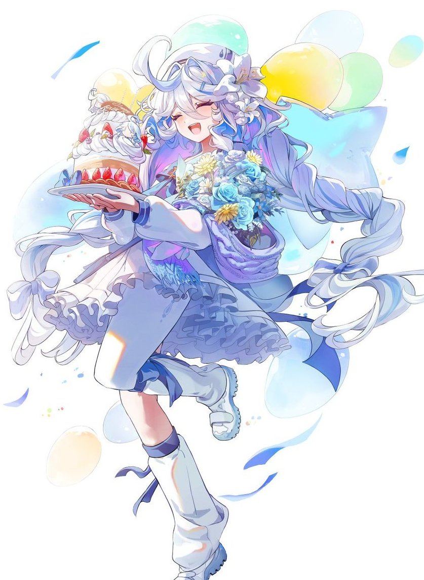 datsha, furina (genshin impact), genshin impact, hashtag-only commentary, 1girl, alternate costume, alternate hairstyle, blue flower, blue rose, bouquet, cake, closed eyes, dress, floating hair, flower, food, leg warmers, long hair, long sleeves, open mouth, pantyhose, plate, rose, shoes, simple background, single leg pantyhose, smile, solo, standing, standing on one leg, sunflower, teeth, upper teeth only, very long hair, white background, white dress, white leg warmers, white pantyhose, white shoes, yellow flower
