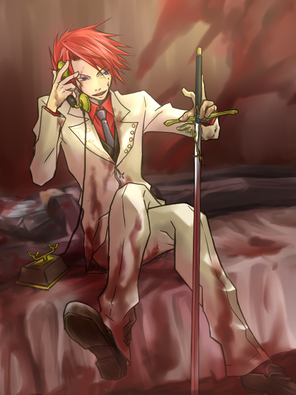 naoya (pixiv), black battler, ushiromiya battler, ushiromiya natsuhi, umineko no naku koro ni, 00s, 1boy, 1girl, blood, blue eyes, corded phone, corpse, formal clothes, jacket, necktie, phone, red hair, suit, sword, weapon