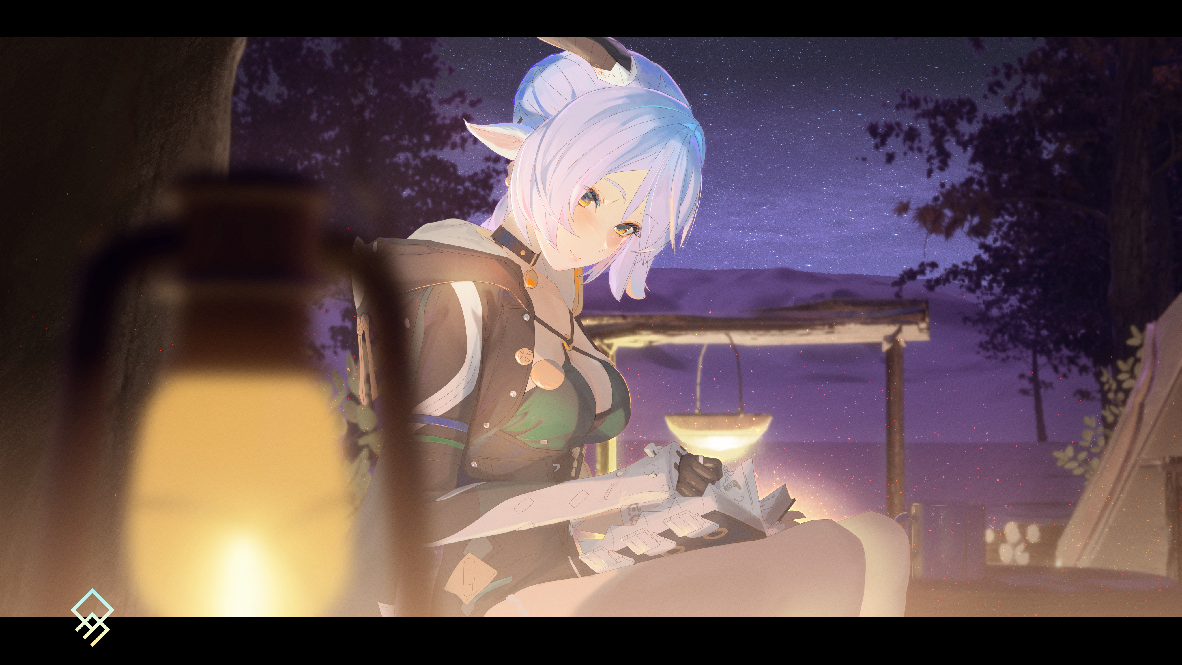 qurami, lucia elowen, zenless zone zero, absurdres, commentary, english commentary, highres, 1girl, animal ears, artist logo, black horns, black unitard, blue hair, blurry, blurry foreground, blush, book, breasts, choker, cleavage, closed mouth, goat ears, goat girl, goat horns, goat tail, horizontal pupils, horns, key, key choker, lantern, letterboxed, log, logo, looking at viewer, medium breasts, night, night sky, outdoors, pointy ears, sitting, sky, solo, star (sky), starry sky, tail, tent, tree, writing