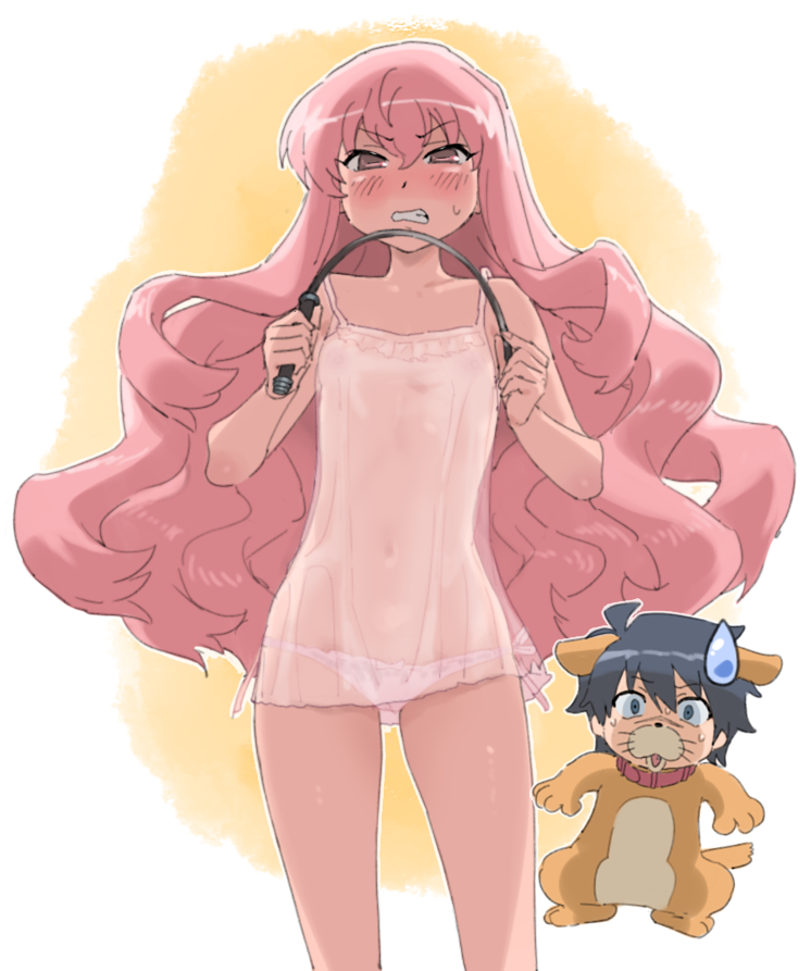 qopqop, hiraga saito, louise francoise le blanc de la valliere, zero no tsukaima, 1boy, 1girl, angry, animal costume, collar, dog costume, holding, holding whip, nightgown, nipples, panties, see-through clothes, underwear